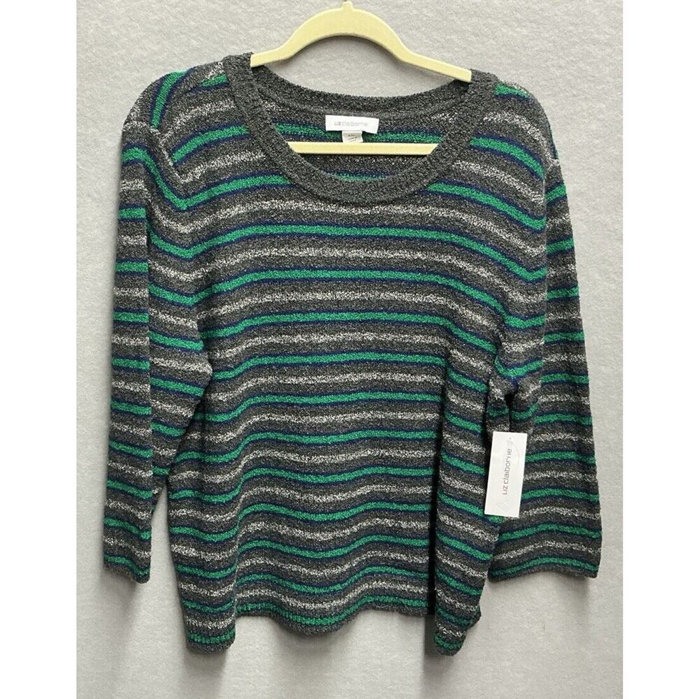 Liz Claiborne Woman’s 3/4 Sleeve Green Multi Striped Knit‎ Sweater Size 2…